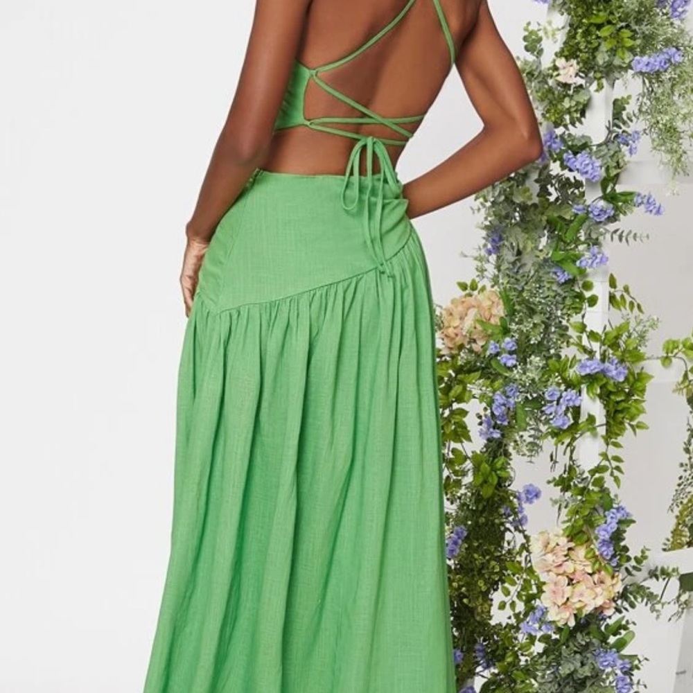 Criss Cross Lace Up Backless Cut Out Ruched Ruffle Hem Dress - Picture 2 of 4